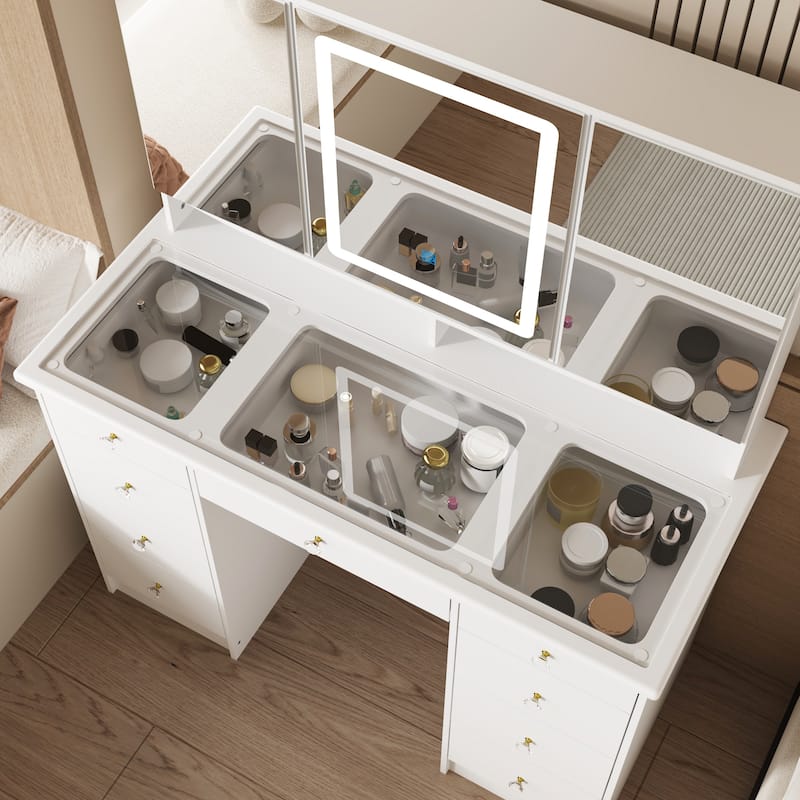 43" White Makeup Vanity Desk with LED Lighted Mirror, Tempered Glass Top, 9 Drawers Storage Dressing Table