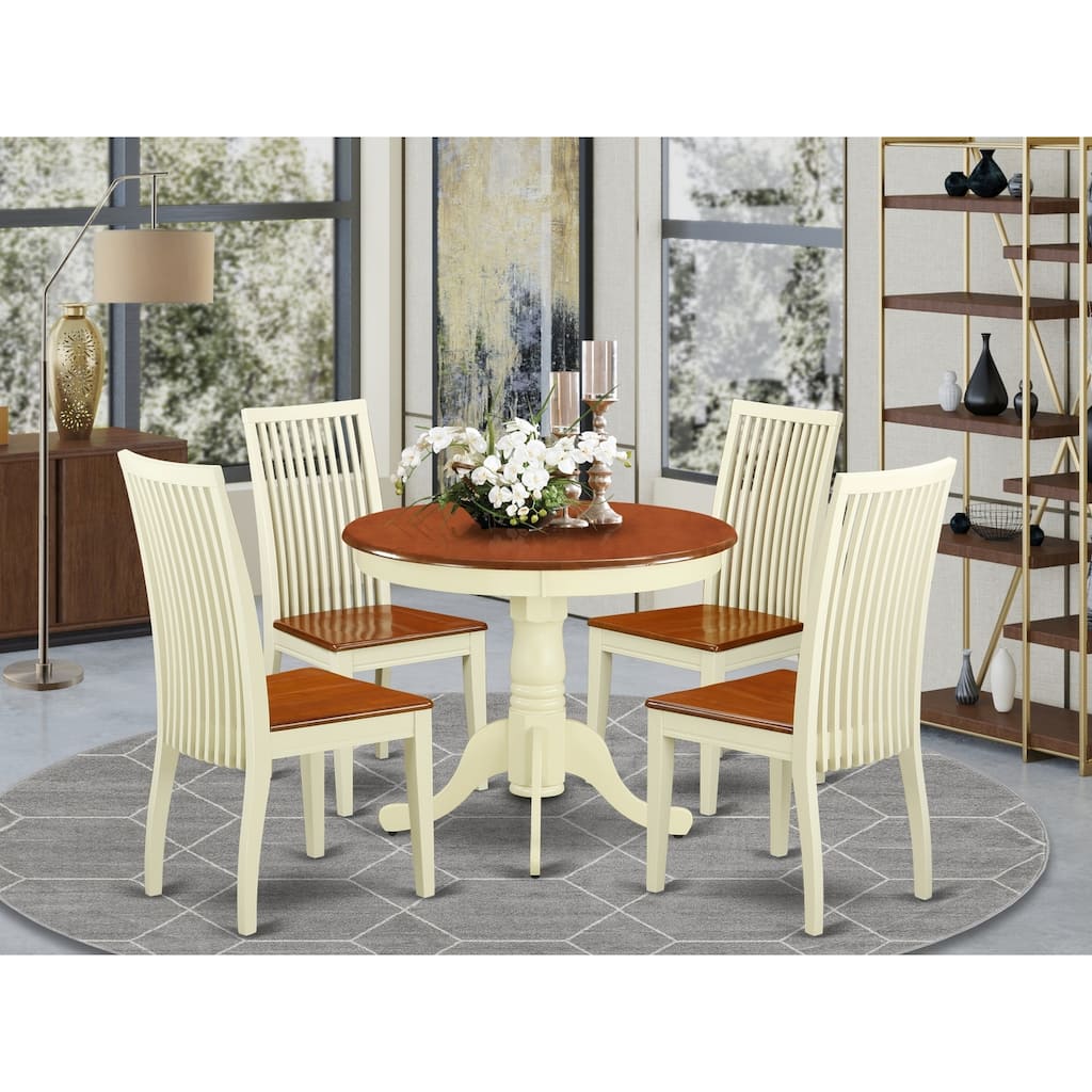 5 Piece Dining Set - Kitchen Table & 4 Chairs - Round Pedestal Table - Buttermilk Cherry Finish