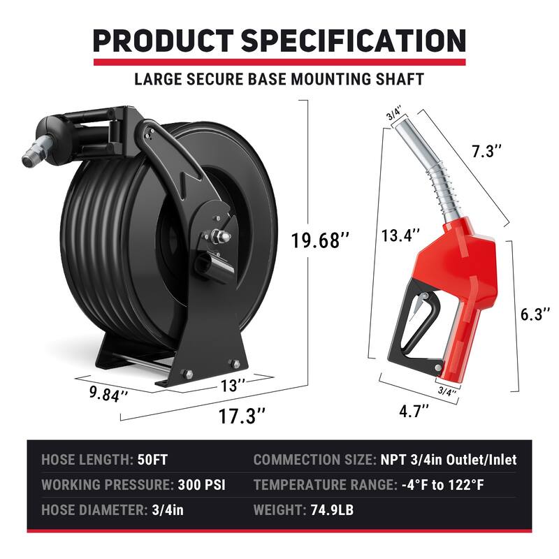 Fuel Hose Reel Retractable 3/4" x 50' 300 PSI Industrial Heavy Duty Diesel Fuel Hose Reel Steel Construction