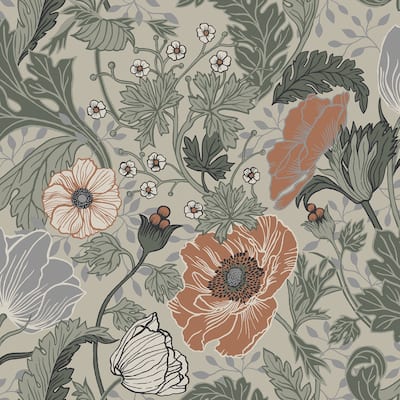 Malakoff, Anemone Light Grey Floral 33 ft L X 20.5 in W, Wallpaper.