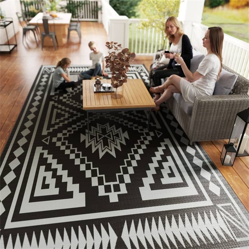 Reversible Outdoor Rug Square Patchwork, UV-Protected Foldable Polypropylene Mat with Carry Bag - : 215.7" L × 107.9" W