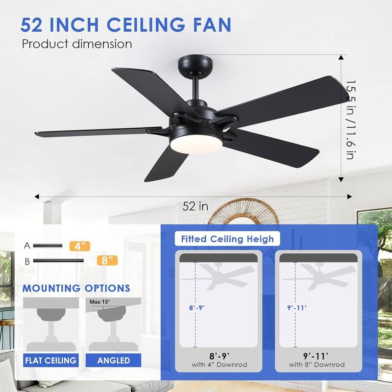 52" Indoor and Outdoor Ceiling Fan with Light Modern Ceiling Fan ,Remote and APP Conrol - 52 Inches