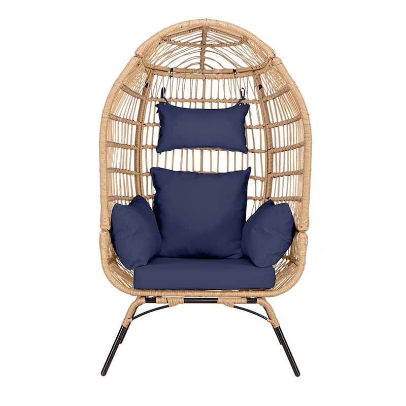 Egg Chair Patio Rattan with Cushion Wicker Basket Chair Outdoor Indoor - Navy Blue