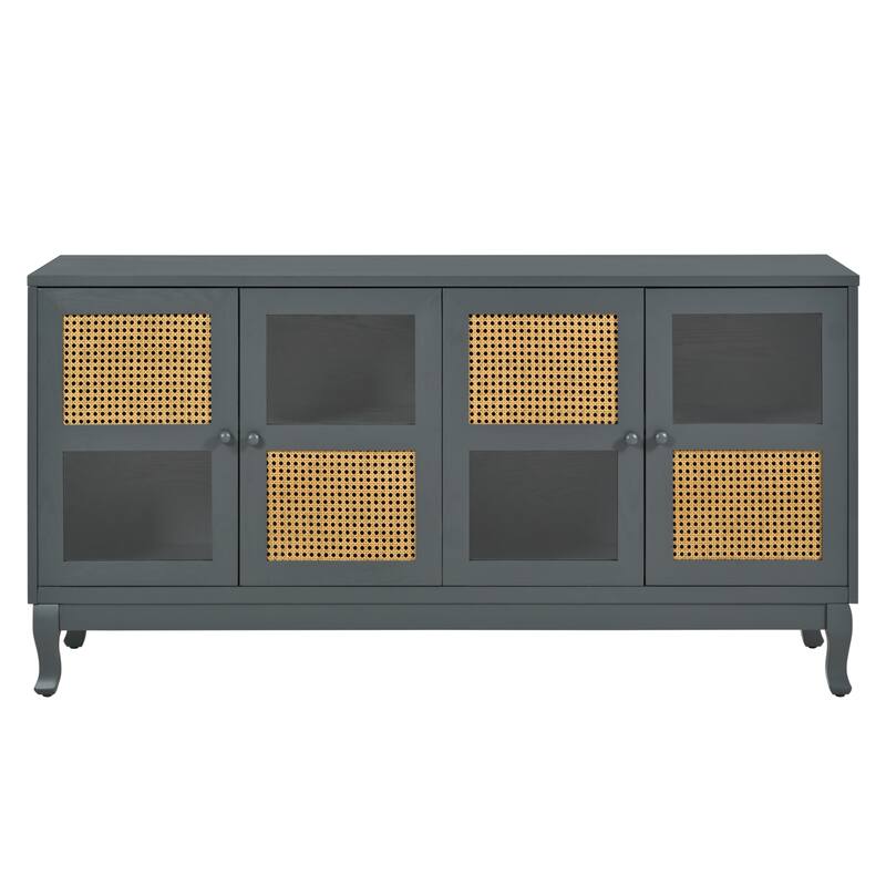 4-Door Sideboard with Large Storage Space Artificial Rattan Doors and Transparent Glass, for Dining Room Living Room