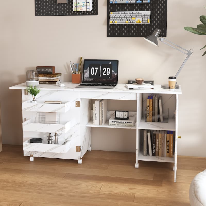Roomfitters 57.5" Foldable Sewing Machine Table with Locking Casters, Multi-Storage Craft Station with Shelves & Bins, White