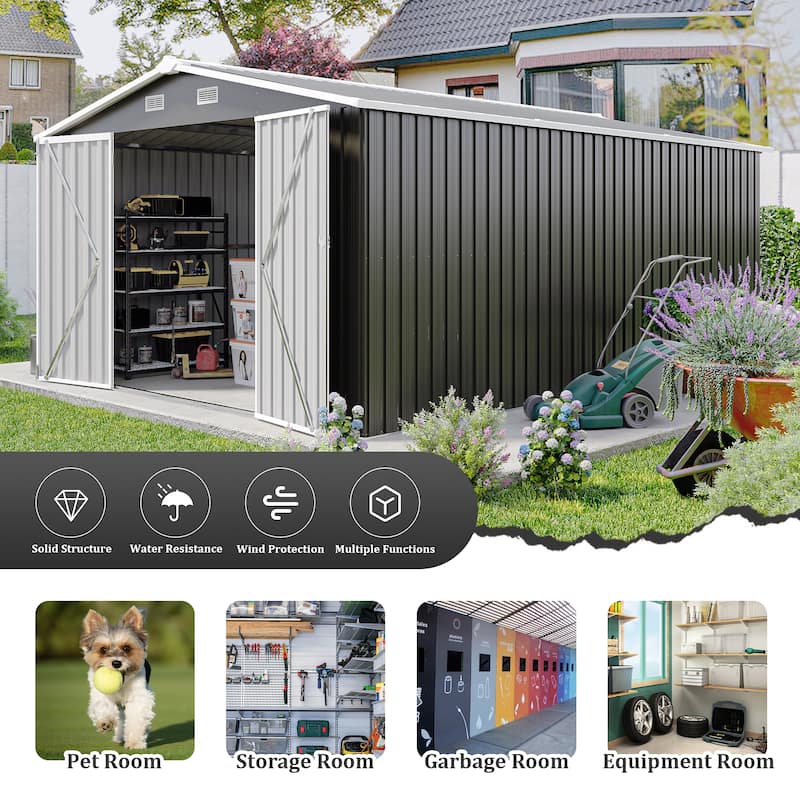 10X14 FT Outdoor Storage Shed with 3 Lockable Doors, 4 Vents