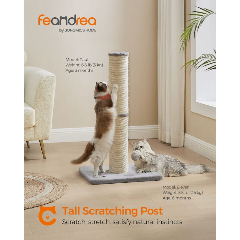 Dove Grey Sisal MDF Plush Cat Scratching Post with Sturdy Base Spring Pompom and Tall Design - 19.7”L x 15.8"W x 33.5"H
