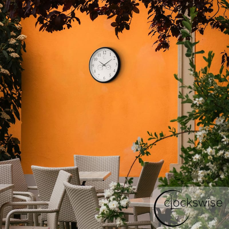 Large Outdoor Wall Clock Thermometer Combo, Waterproof Silent Garden Weather Station Home Indoor Patio Pool Black