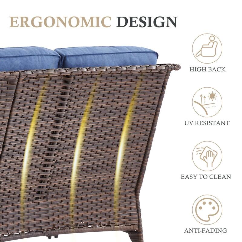 Arcadia 3-Seat Wicker Patio Sofa with 6-Inch Thick Cushions and 2 Ottomans
