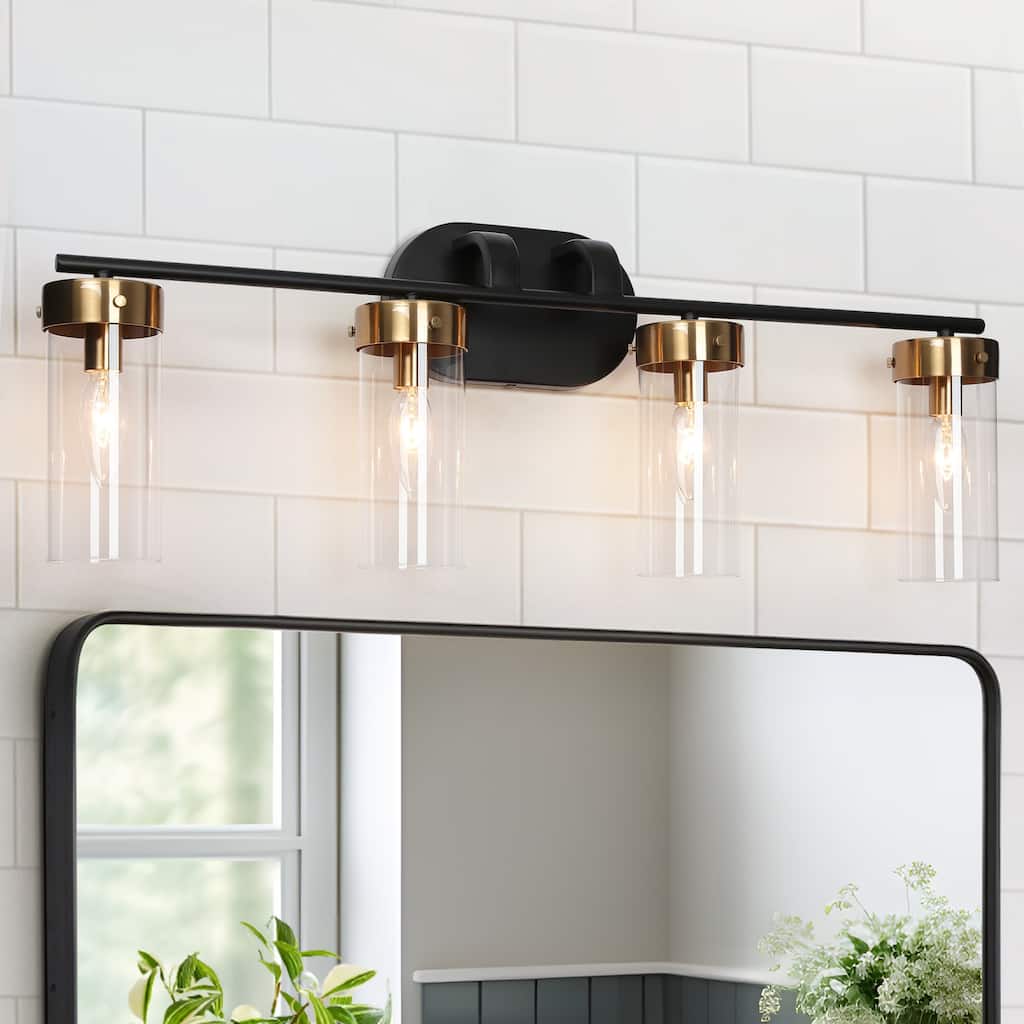 Modern 4-Light Black Gold Linear Bathroom Vanity Lights Cylinder Clear Glass Wall Sconces - 29" L x 5.5" W x 10" H