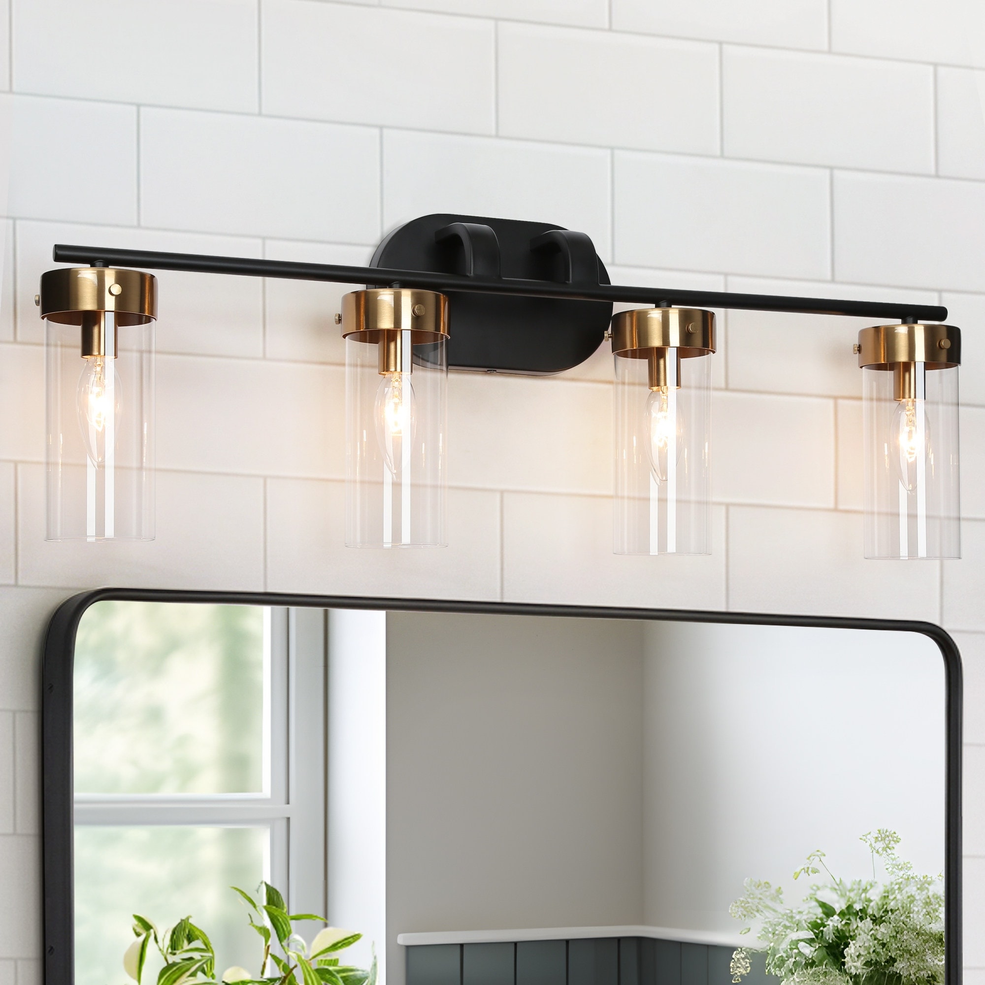 Modern 4-Light Black Gold Linear Bathroom Vanity Lights Cylinder Clear Glass Wall Sconces - 29" L x 5.5" W x 10" H