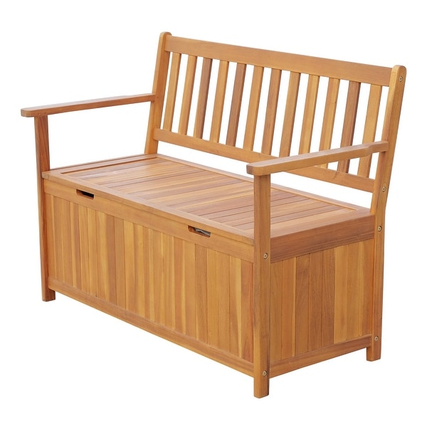 Outsunny 47 x 24 Double Seat Wooden Storage Bench Outdoor Acacia Wood Multifunction Courtyard Armchair Garden Chair Patio Armrest Bench Large Capacity Storage Box for Indoor Outdoor