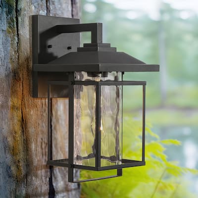 Modern Brushed Black 1-Light Geometric Outdoor Wall Lantern Sconce Water Glass - L 8.9"* W 10.4"* H 15.6"