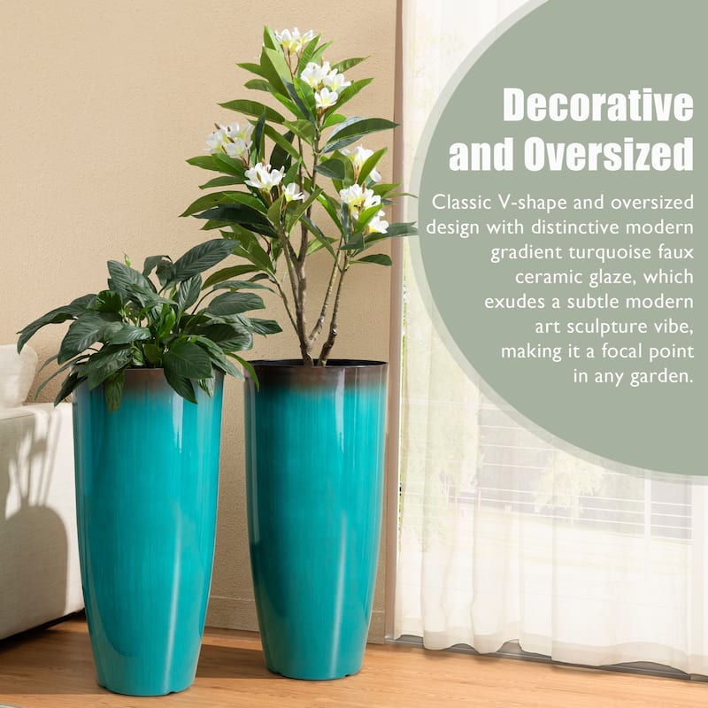 Glitzhome 30"H Set of 2 Tall Plastic Planter Large Flower Pots with Gradient Cobalt Blue / Turquoise Faux Ceramic Finish
