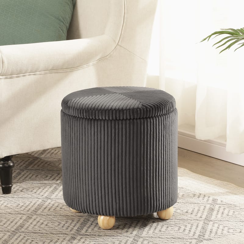 Adeco Round Velvet Storage Ottoman - Grey