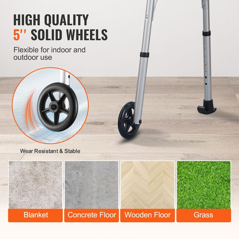 2 in 1 Folding Walker & Removable Armrests, Height Adjustable Foldable Walker with 5" Solid Wheels, Lightweight Aluminum