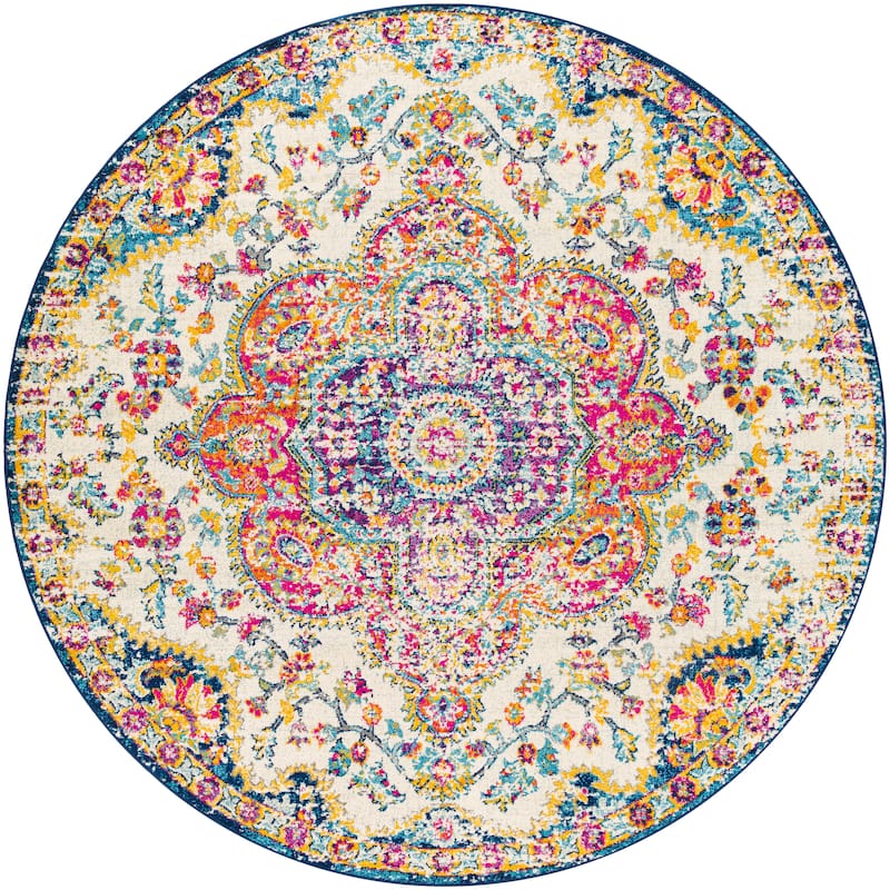 Livabliss Hal Vintage Boho Traditional Pink Medallion Area Rug - Pink/Blue - 7'10" Round