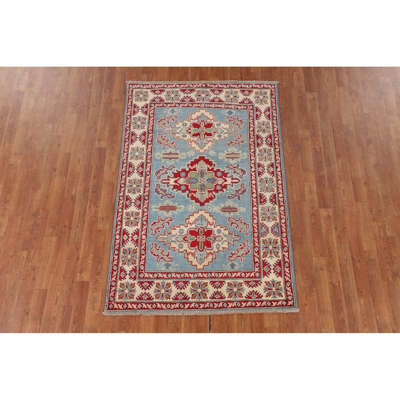 Light Blue Traditional Kazak Oriental Area Rug Handmade Wool Carpet - 3'10" x 5'11"