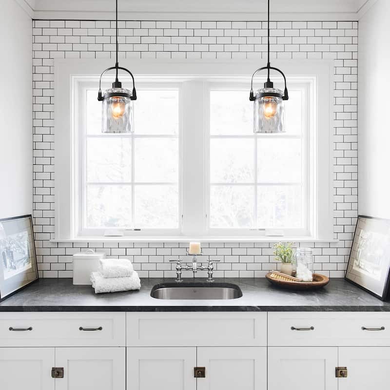 Anmytek Modern 1-Light Black Hammered Glass Island Pendant Light for Kitchen - 5" D x 10" H