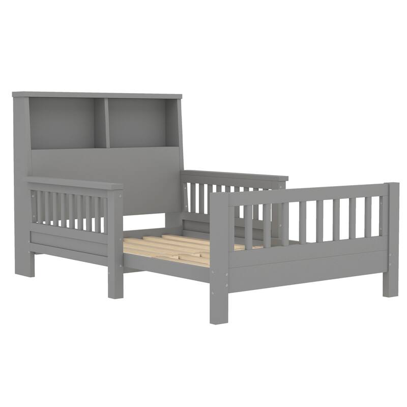Pull Out Twin Size Platform Bed Converted into Baby Crib and Sofa with Storage Headboard and Removable Footboard