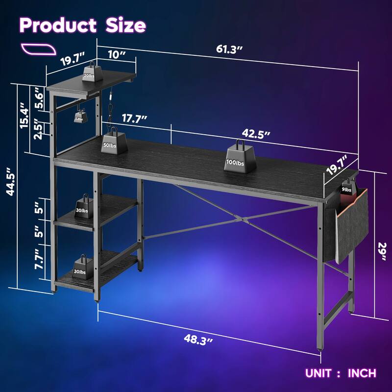 61" Gaming Desk Computer Desk with LED Lights Storage Shelves and Side Bag Home Office Desk