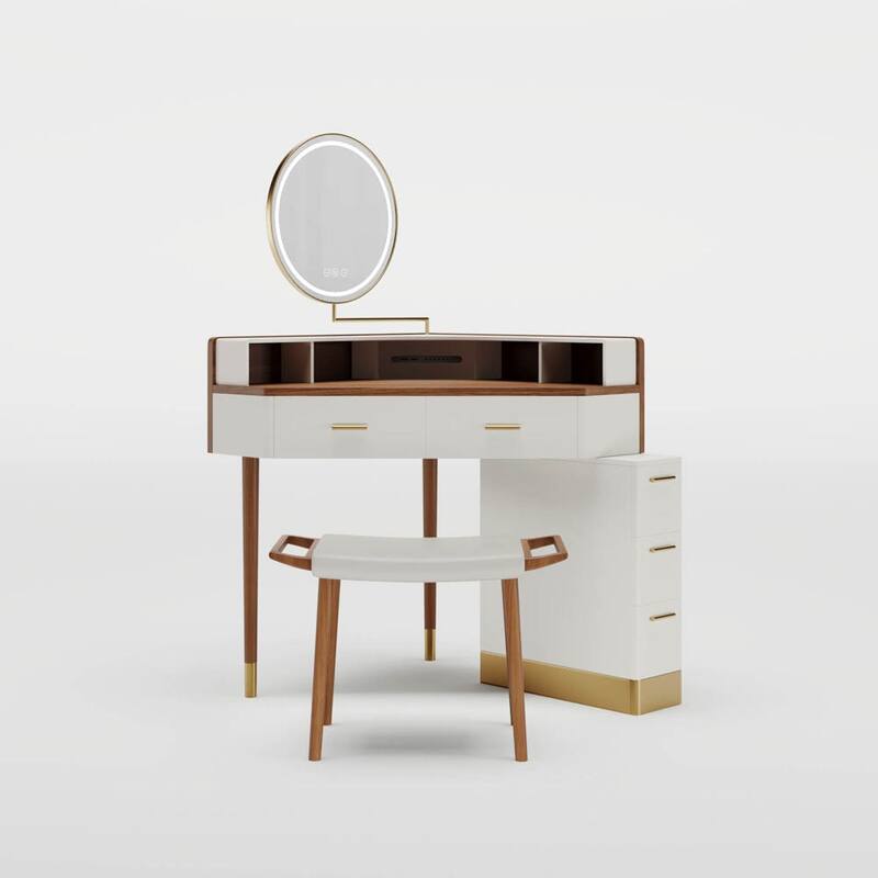 Modern Corner Makeup Vanity Table with LED Lighted Mirror, Vanity Desk with 5 Drawers, Piano Finish, Solid Wood Legs, Stool