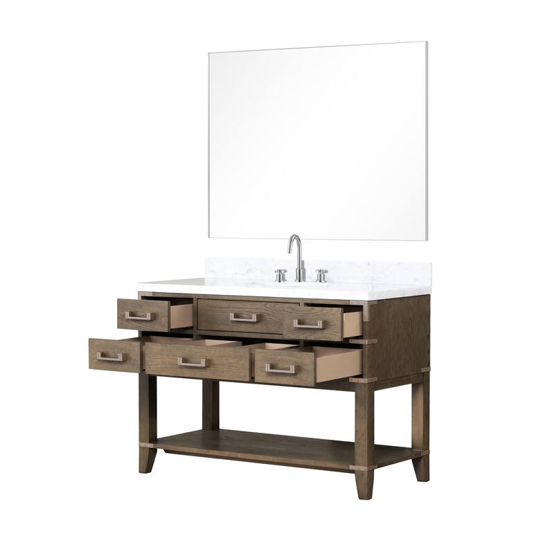 Lexora Norwalk Bath Vanity, Carrara Marble Top, Faucet Set, and Mirror