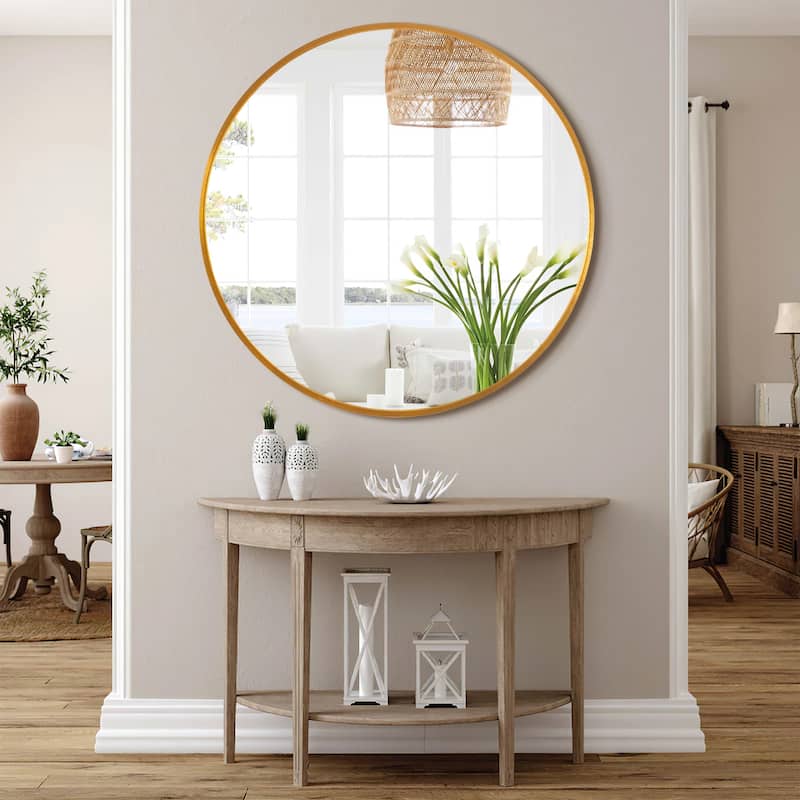 Classic Round Accent Bathroom Mirror Metal Frame Hanging Wall Mounted Circle Mirror for Wall Decor Vanity Entryway Living Room - 36" x 36" - Gold