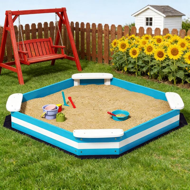 GDFStudio Outdoor Rowan Fir Wood Kids Sandbox with Seating and Liner - Blue + White