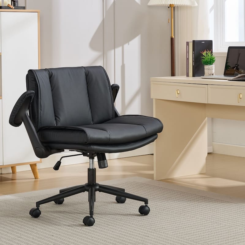 Cross Legged Office Chair on Wheels with Flip-Up Armrests Leather and Wide Seat