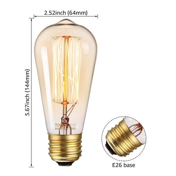 Vintage Edison Bulbs, 60W ST64 Filament Light Bulb, Antique Squirrel Cage Tungsten, Dimmable, 2200K Amber, E26 Base