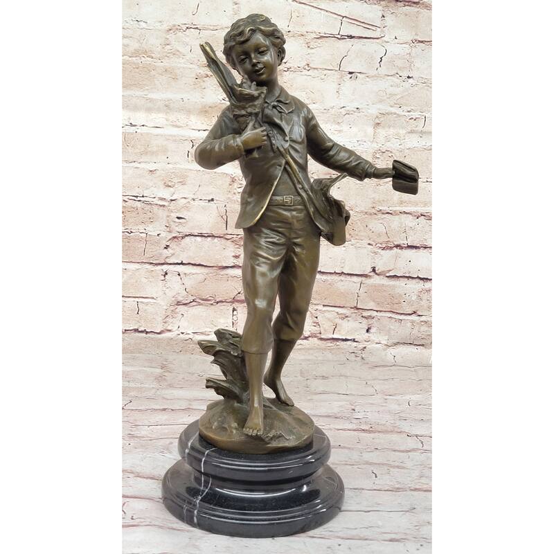 Young School Boy Carrying Supplies - 19Th Century Reproduction Sculpture After Bruchon