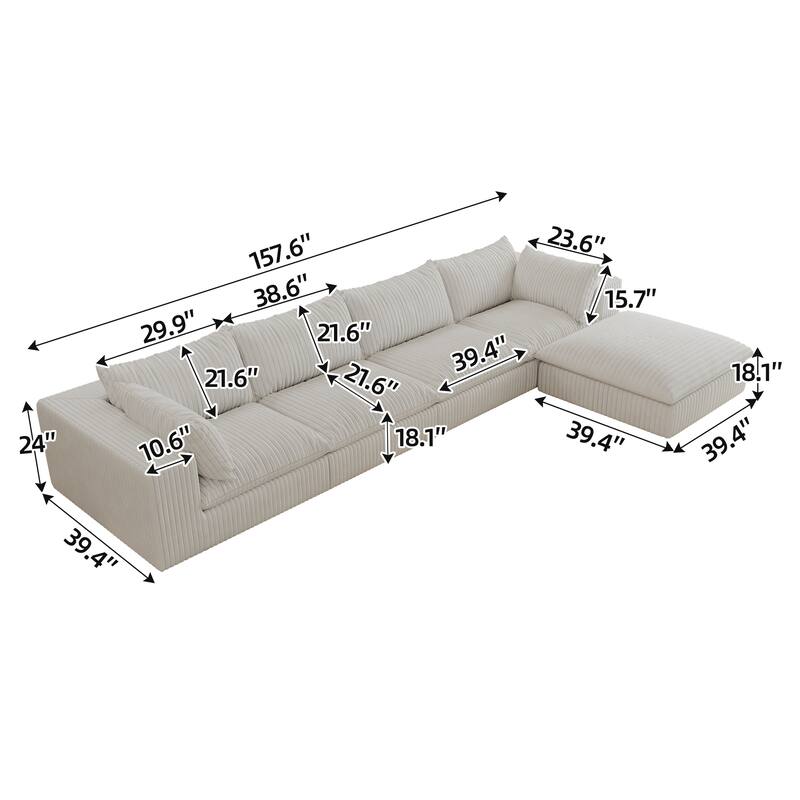 157.6" Corduroy Fabric Cloud Sofa, White, Deep Seat, Double-layer, Removable Cushion, DIY Combination
