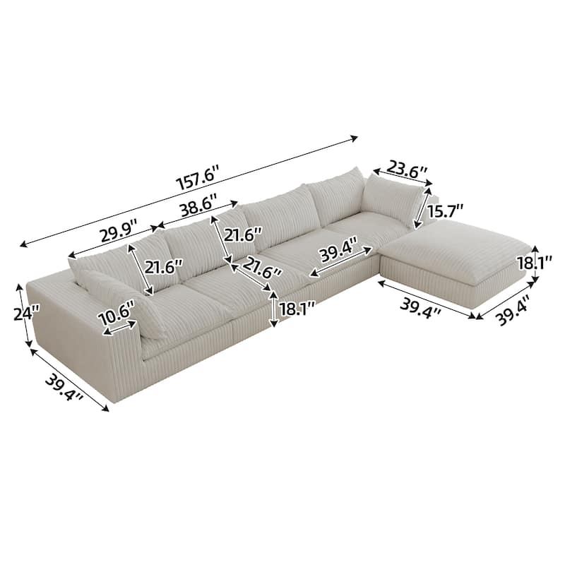 Corduroy L-shaped Sectional Sofa with Chaise Lounge, Deep Seat Modular Couch with Ottoman and Double-layer Seat Cushions