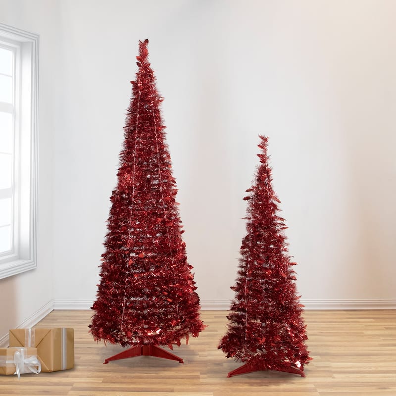 4' Red Tinsel Pop-Up Artificial Christmas Tree, Unlit - 4 Foot