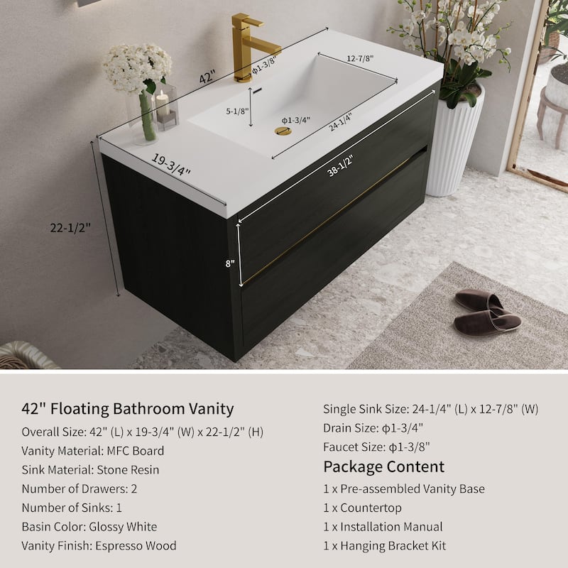 GDFStudio - Daniel Floating Bathroom Vanity with Stone Resin Sink and Soft-Close Drawer Storage