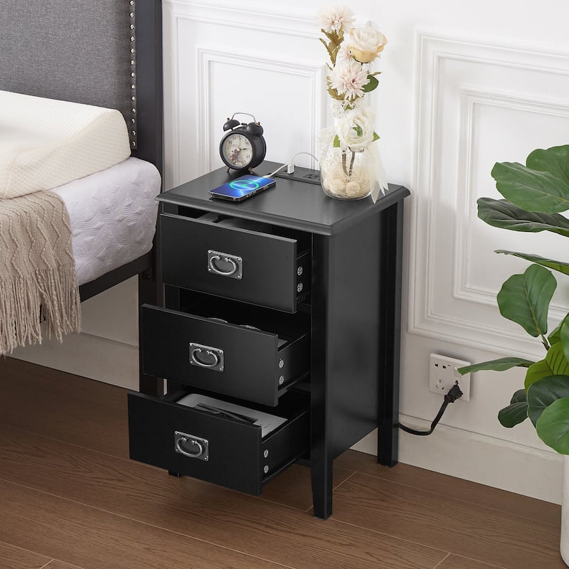 Javlergo Set of 2 Wooden Nightstand with Charging Station, Side End Table with USB Drawer and Open Storage Shelf