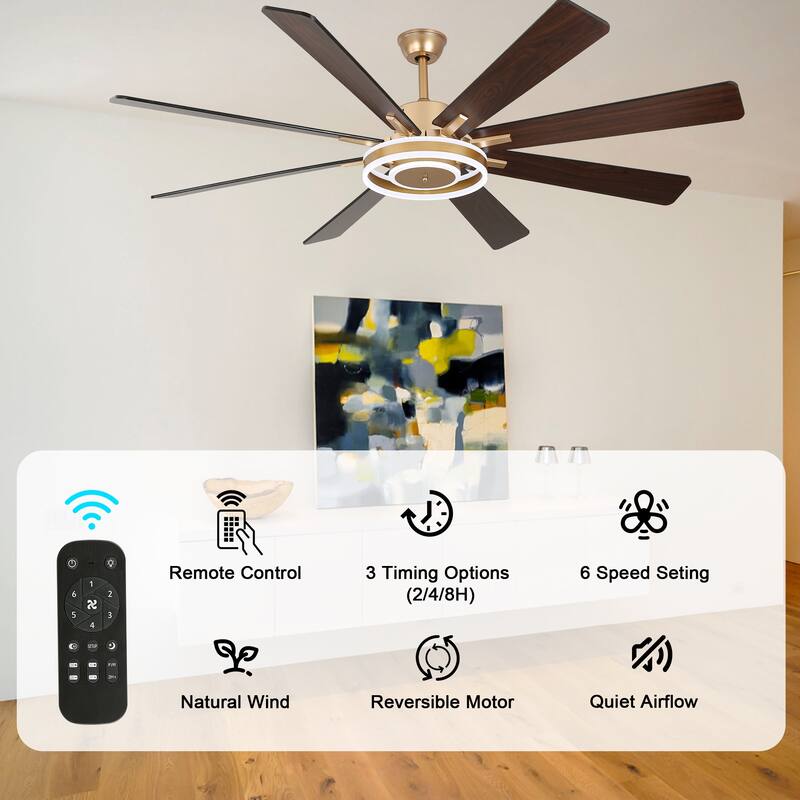 Bella Depot 72" Modern Large Ceiling Fan 6-speed Reversible with Dimmable Light and Remote for Family Room