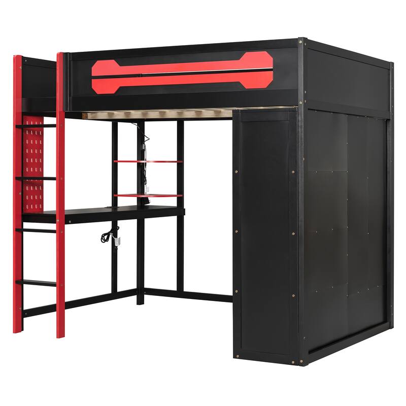 Roomfitters Full Gaming Loft Bed with Desk, Open Wardrobe, RGB LED and USB Ports, Space Saving Sleeper