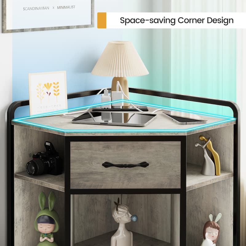 Corner Cabinet with Drawer Wooden Storage Cabinet Organizer with USB Ports and Outlets - 30" L x 21.8" W x 35.46" H