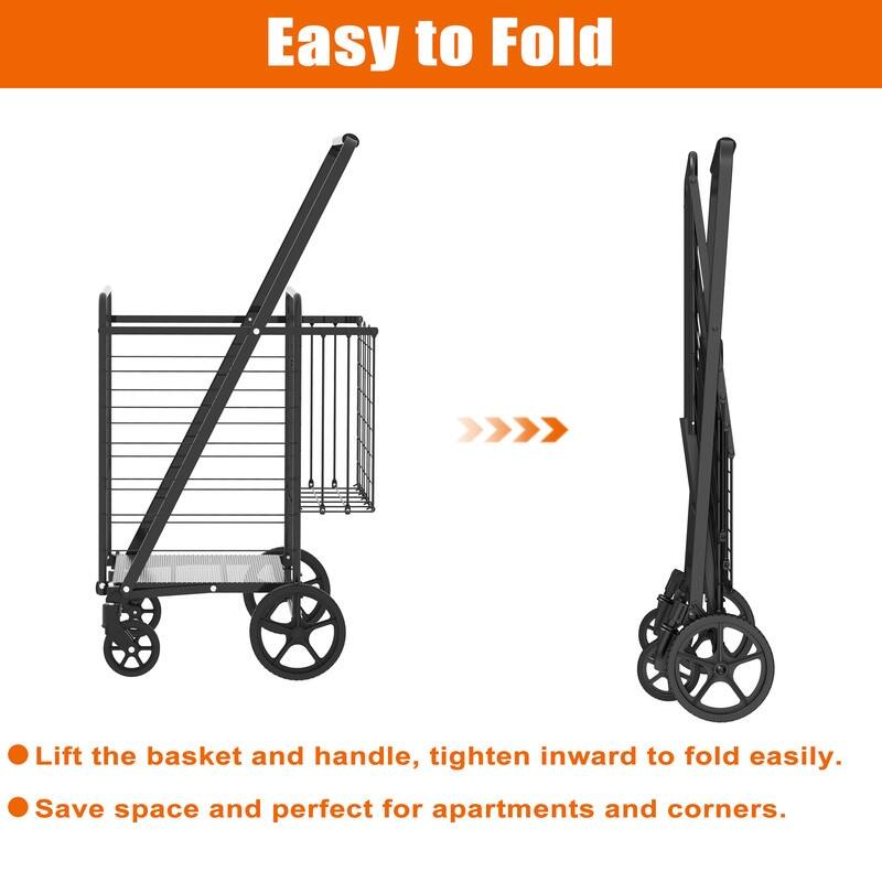 Double Basket Folding Grocery Cart ,Heavy Duty 360° Wheels