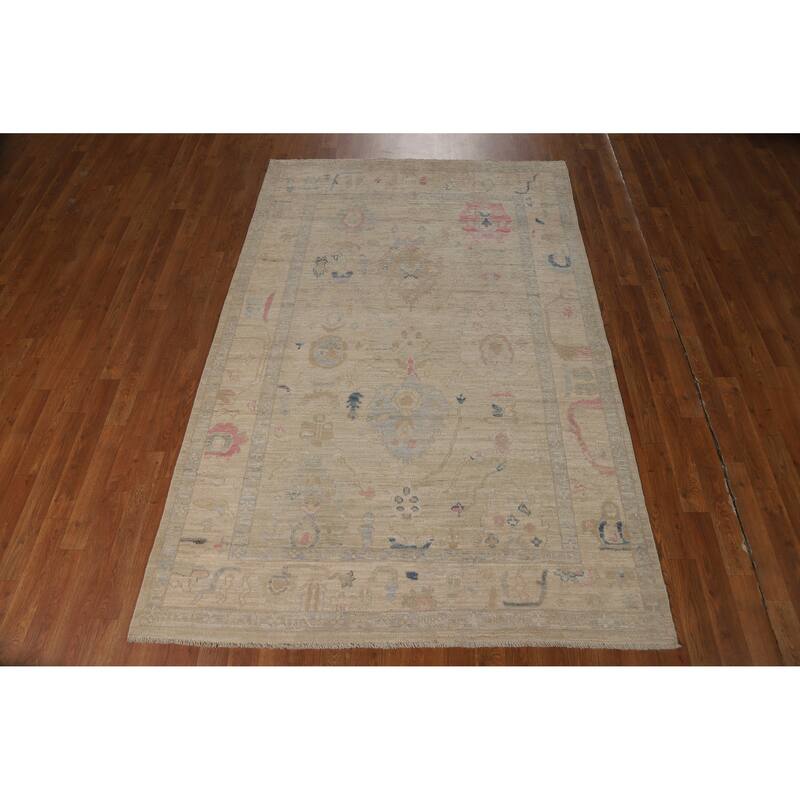 Vegetable Dye Oushak Turkish Rug Handmade Bedroom Beige Wool Carpet - 4'10"x 7'5"