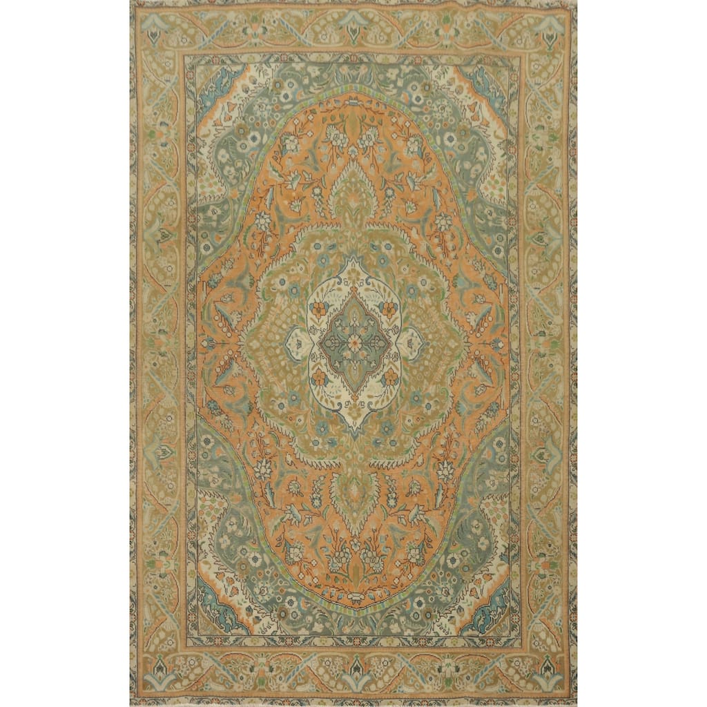 Hand Knotted Oriental 100% Wool Carpet Traditional Floral Oranges & Rust Tabriz Area Rug - 9' 4'' X 6' 5''
