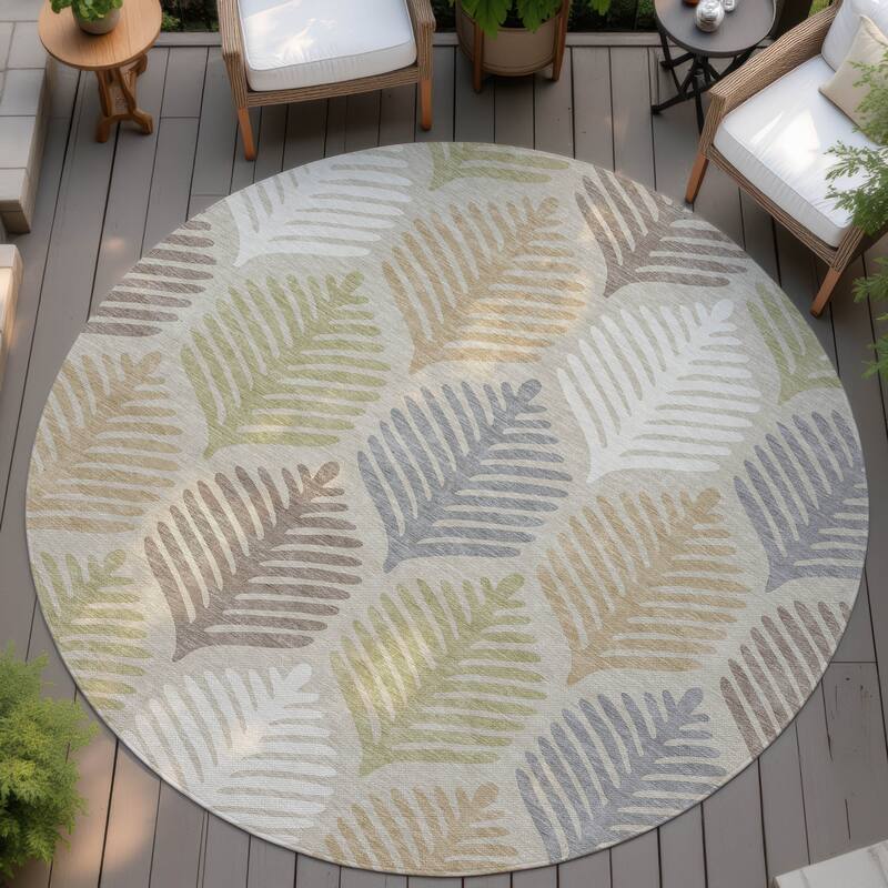 Machine Washable Indoor/ Outdoor Modern Fern Chantille Rug - Beige - 8' x 8'