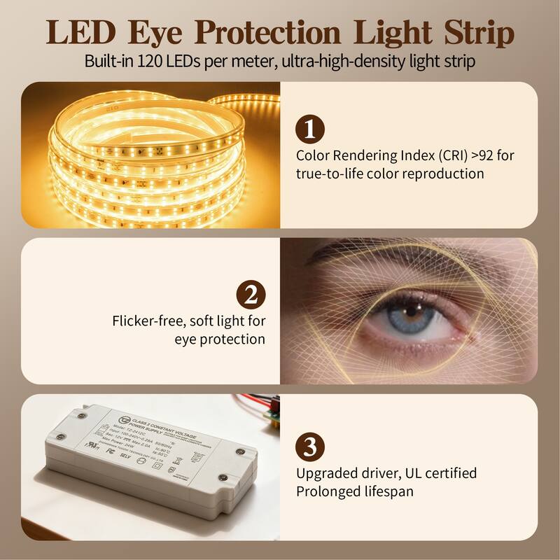 UL Certified Round Frameless Wall Mounted Anti Fog LED Bathroom Vanity Mirror, 3-Color Dimmable, HD Tempered Glass