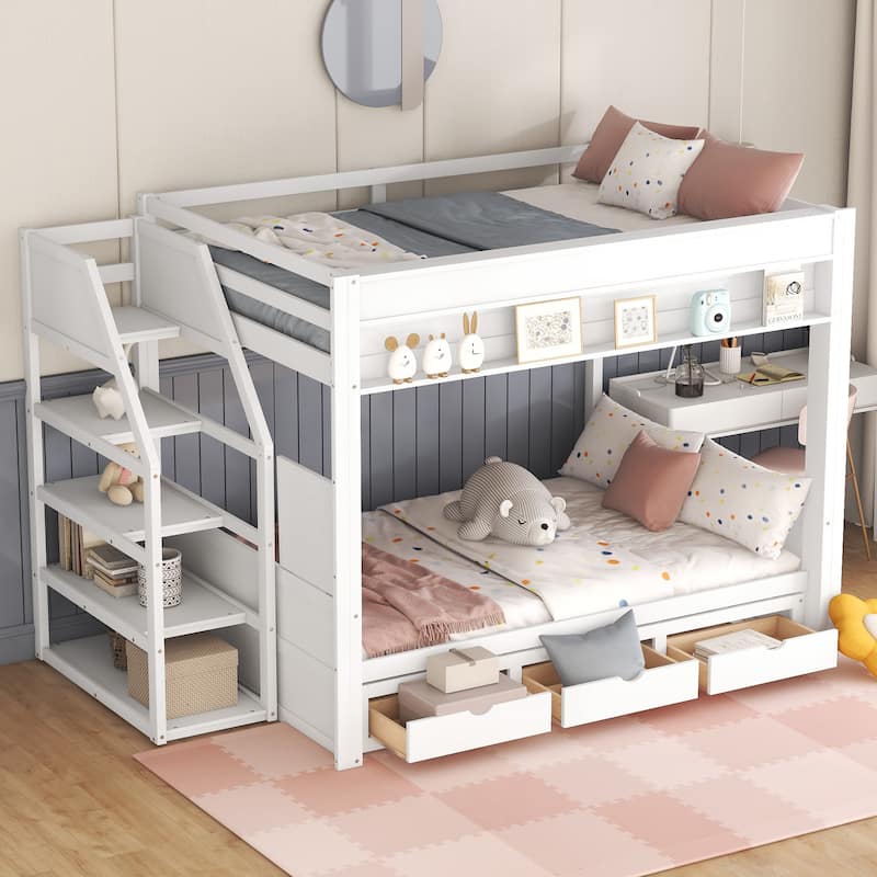 Convertible Full Size Bunk Bed with Storage Staircase, Bedside Table, and 3 Drawers, White