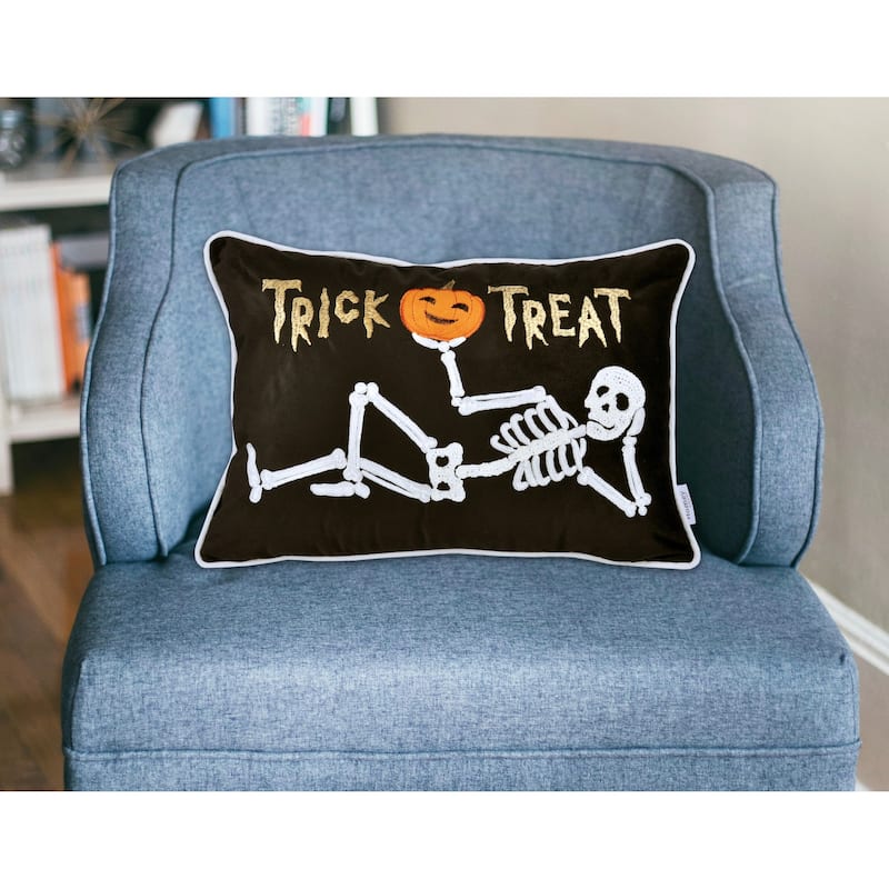Trick or Treat Skeleton Velvet Throw Pillow