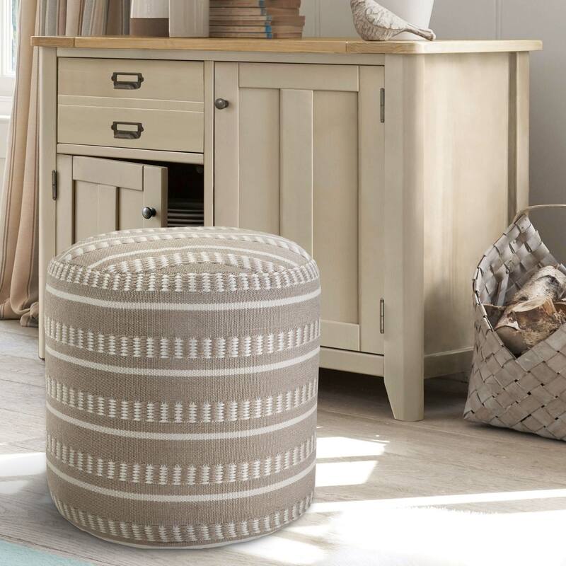 20" Taupe and White Striped Round Outdoor Patio Pouf Ottoman