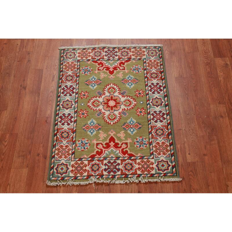 Green Geometric Kazak Oriental Rug Hand-Knotted Wool Carpet - 2'0"x 3'0"