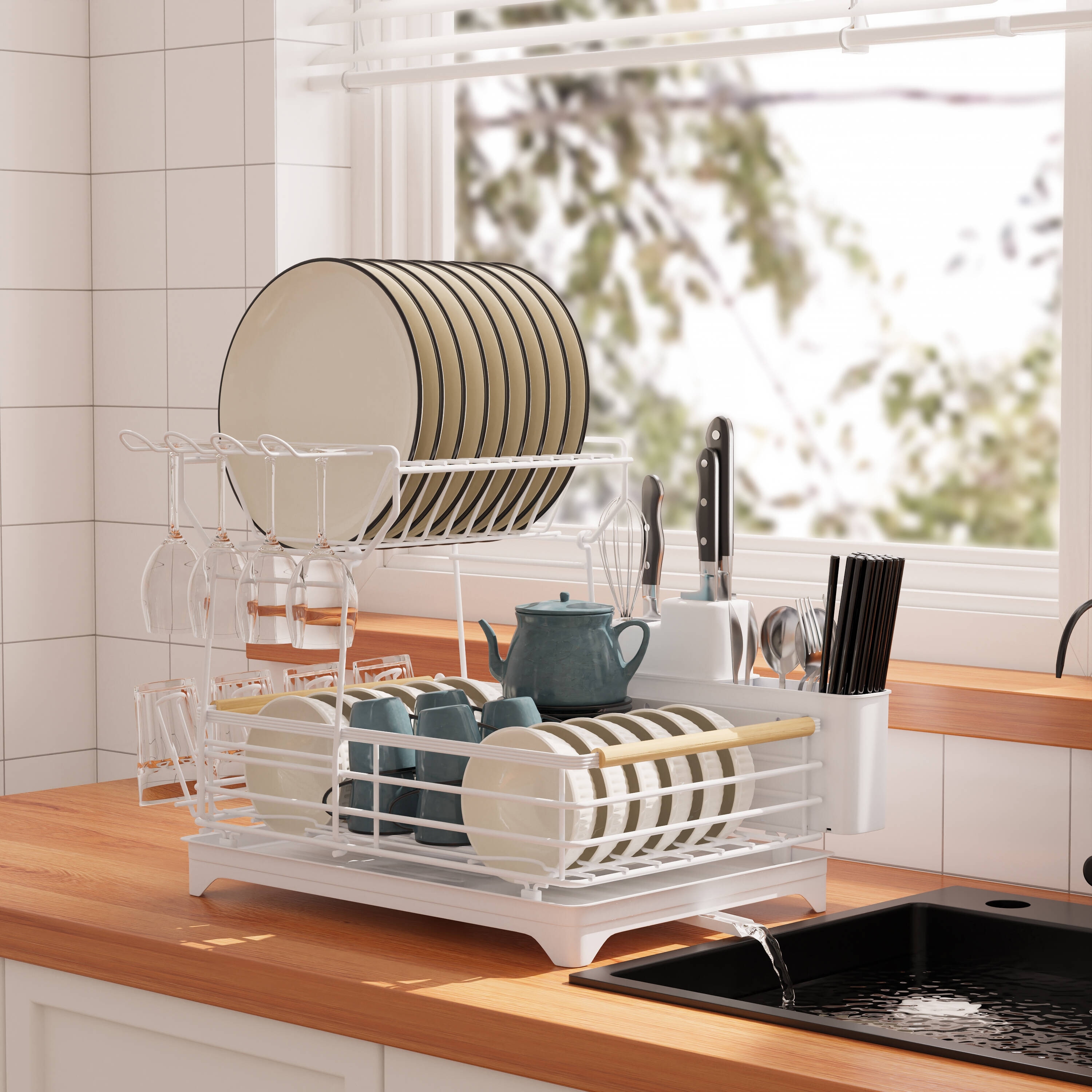 Double-Layer Dish Rack with Bamboo Handle - Bed Bath & Beyond - 38075738